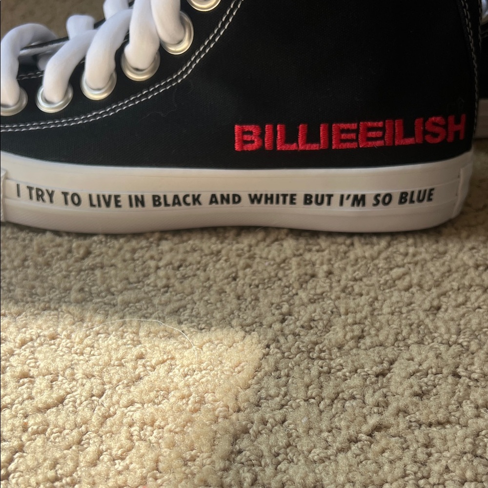 Converse Black and White High-Top Sneakers with Red Billie Eilish Branding - Picture 5 of 6